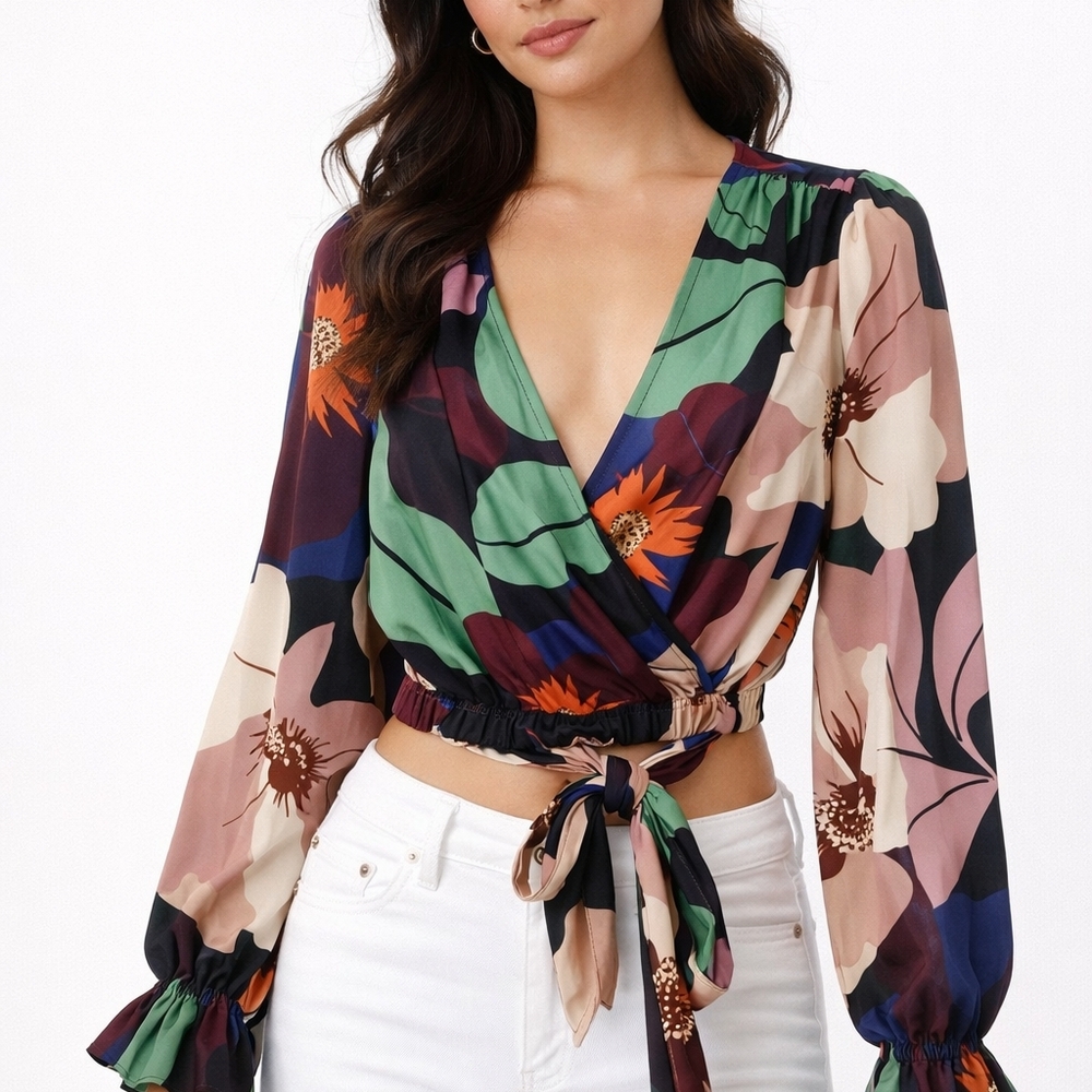 Ramy Brook Gabrielle Surplice Satin Floral Wrap Blouse - Picture 6 of 6